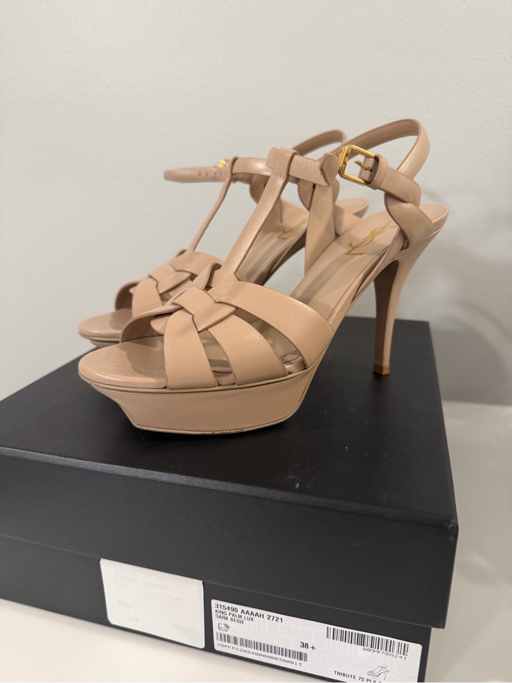 Yves Saint Laurent Nude Leather Platform T-Strap Heels